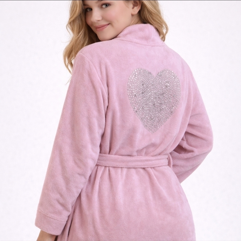 Y2K Plush Pink Robe Rhinestone Heart Back Size Small EUC - Picture 1 of 4